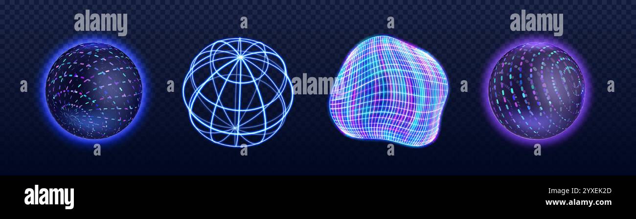 3d neon tech sphere collection with glowing effects - futuristic dotted ...