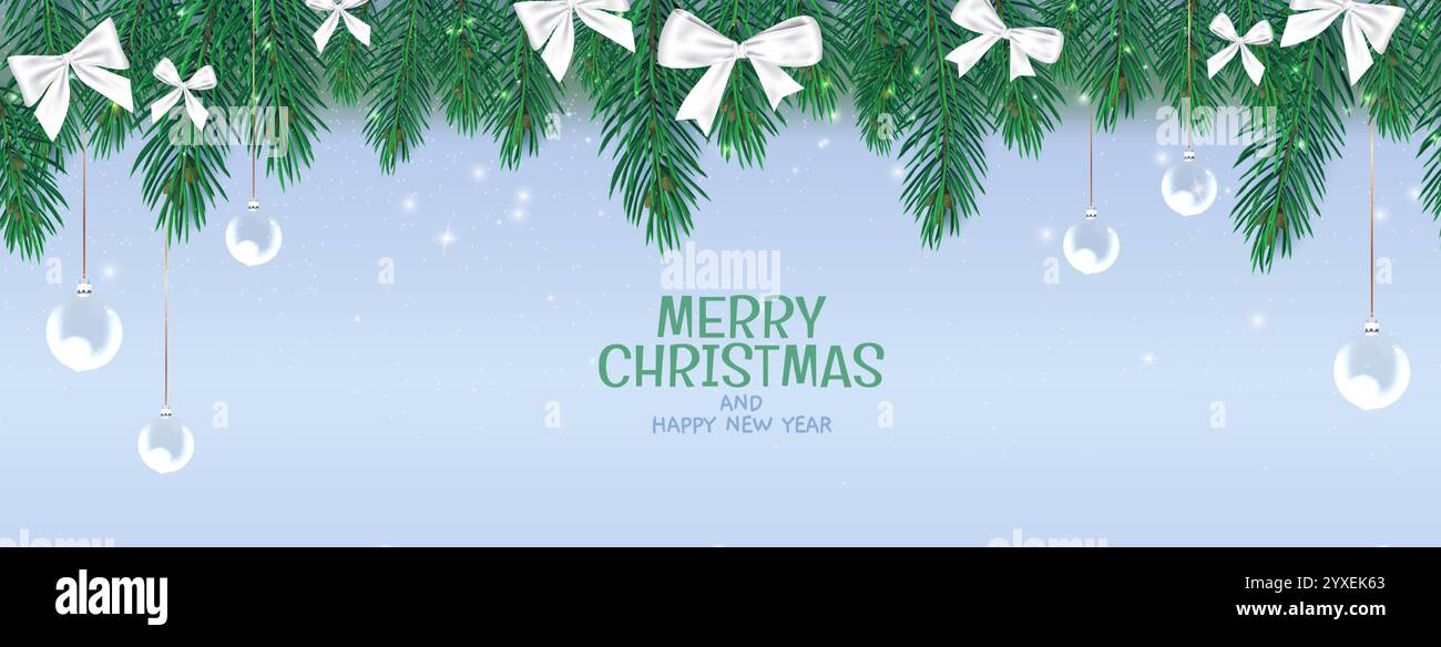 Christmas banner with holiday wreath and sparkles. Vector realistic ...
