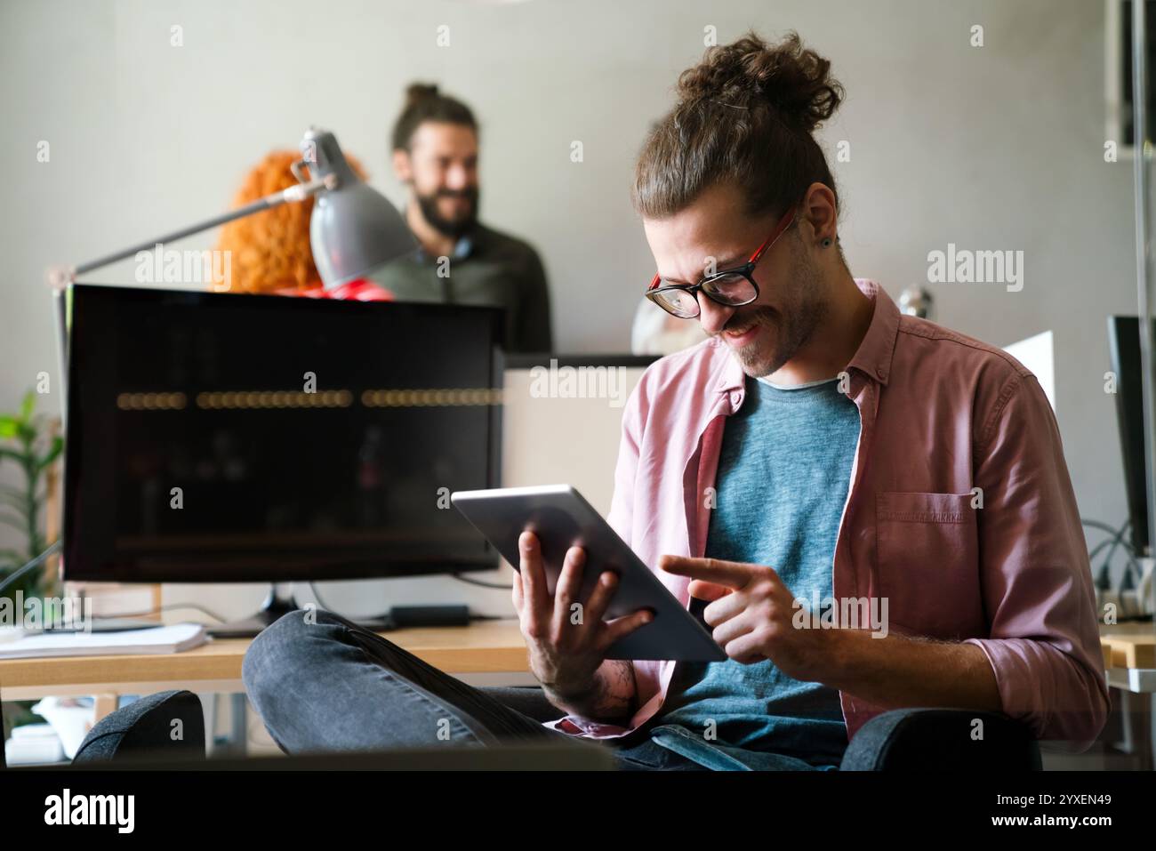 Success business man with tablet, analytics and developer for startup business website IT software Stock Photo
