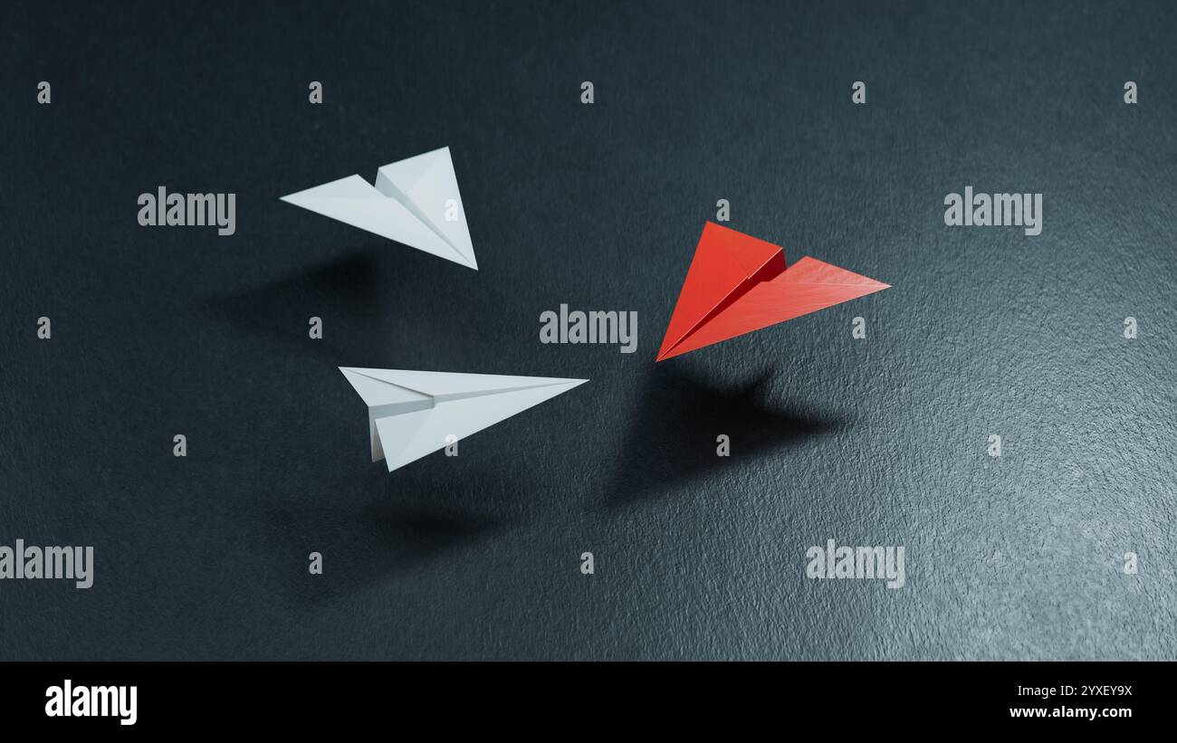 Group of paper planes in one direction and with one individual pointing ...
