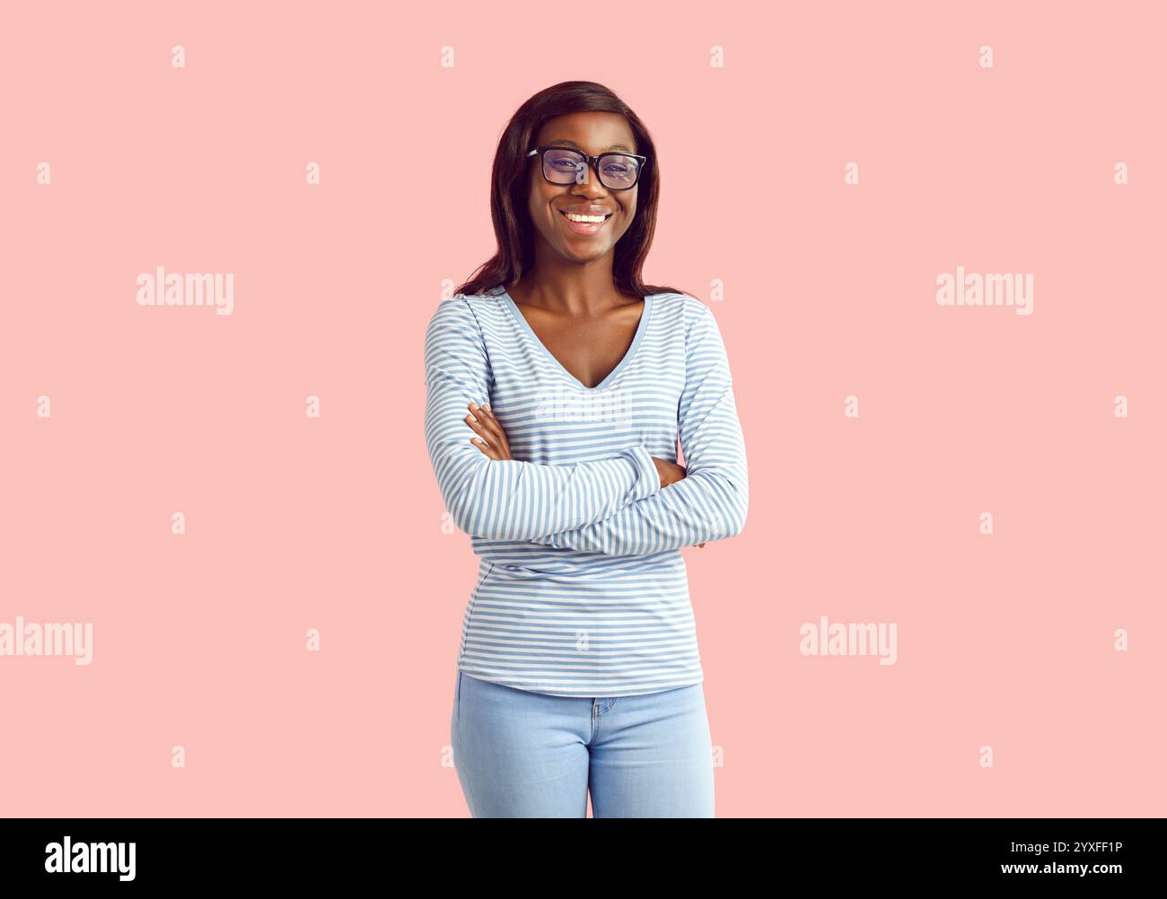 African american woman in glasses with confident smile, successful lady proud of being self  Stock Photo