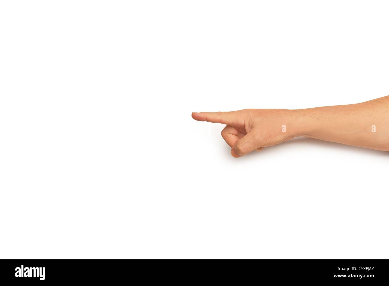 Man hand doing pointing gesture to the left on a white background Stock Photo