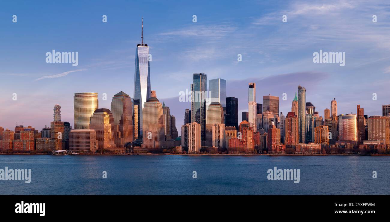 Aerial view of New York City skyline at sunset from the Hudson River ...