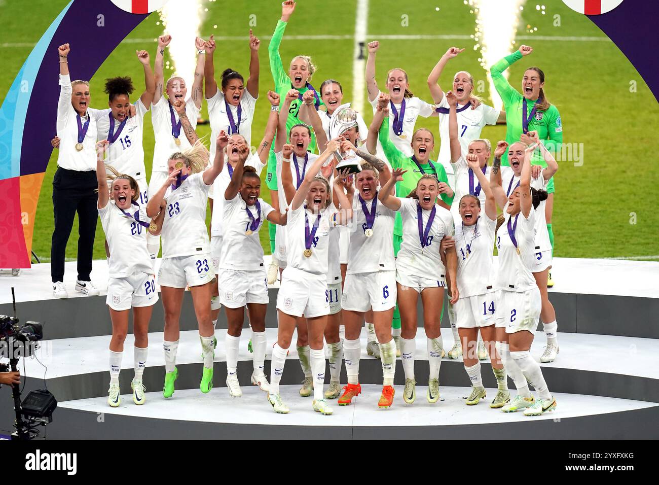 File photo dated 31-07-2022 of England's Leah Williamson and England's Millie Bright lift the trophy with their team-mates after winning the UEFA Women's Euro 2022 final. Teams at Euro 2025 will share in a record prize pot of 41 million euros (£34m) next summer. Issue date: Monday December 16, 2024. Stock Photo