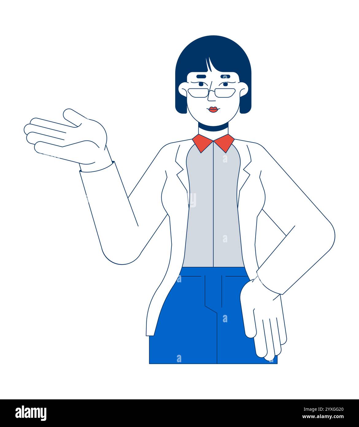 Glasses asian woman corporate gesturing explaining 2D cartoon character ...