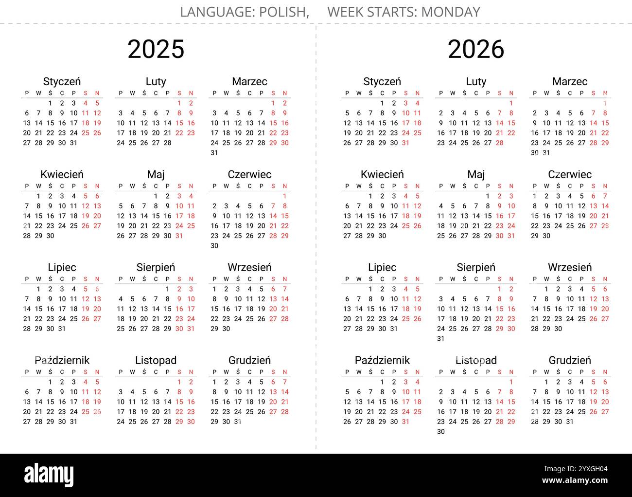 2025 and 2026 years polish calendars. Printable, editable vector