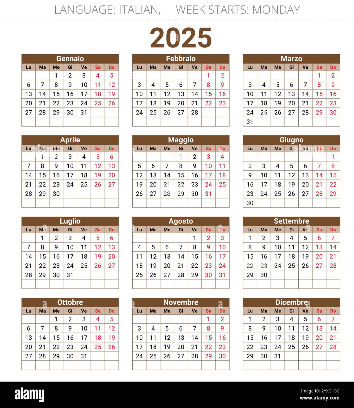2025-year-calendar-italian-language-with-12-months-printable-vector-illustration-for-italy-stock-vector-image-art-alamy