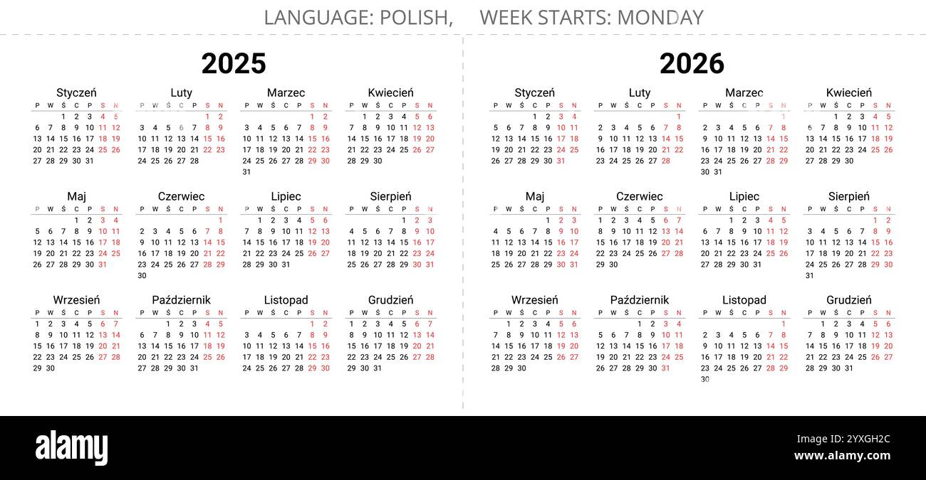 2025 and 2026 years polish calendars. Printable, editable vector