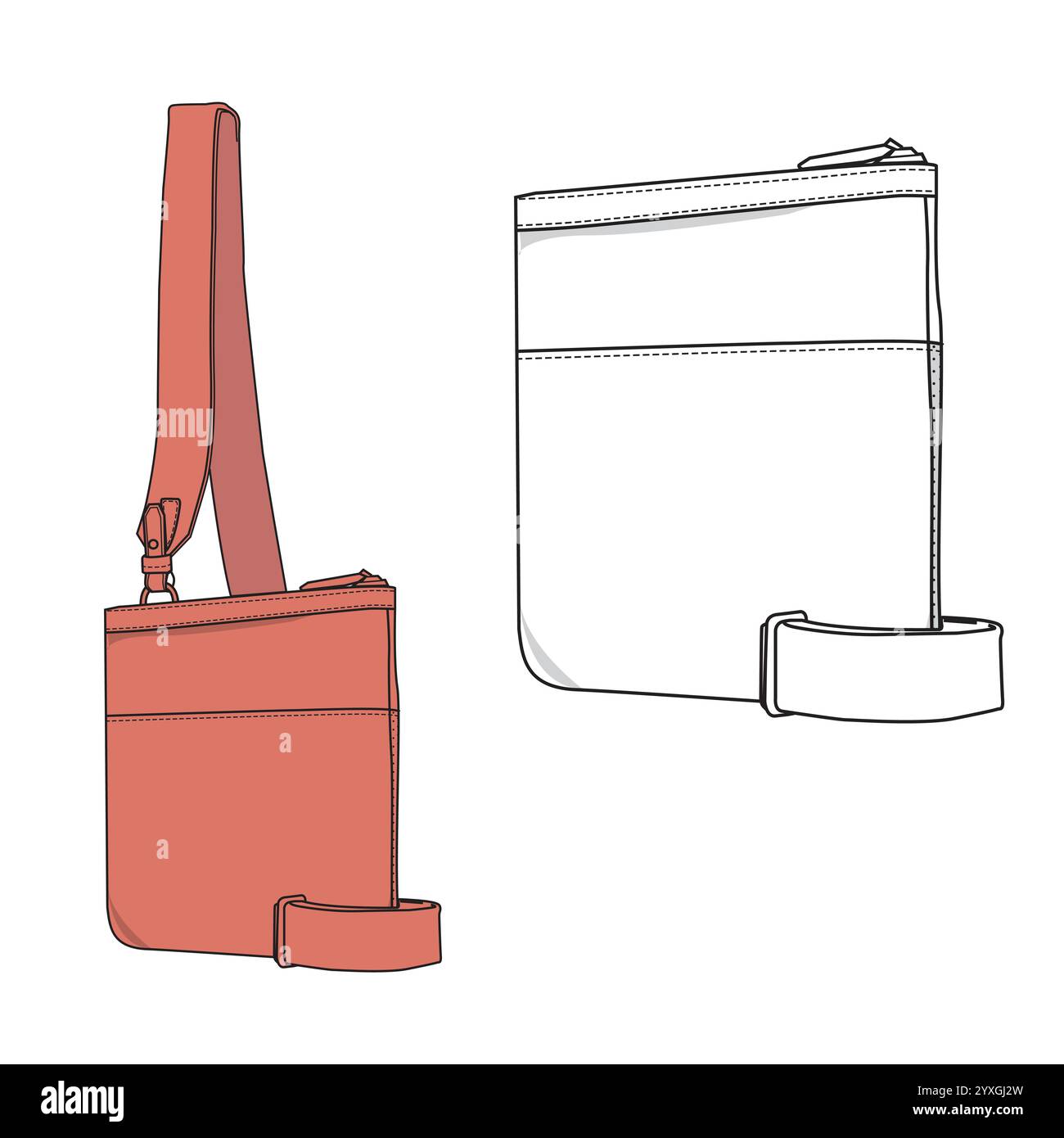 Leather shoulder bag vector mockup template technical drawing Stock ...