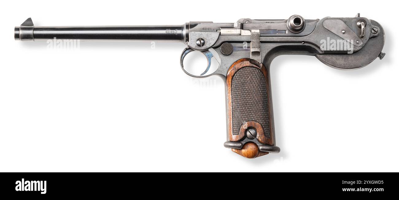 Studio shot of a Borchardt C 93 DWM historical pistol short weapon on ...