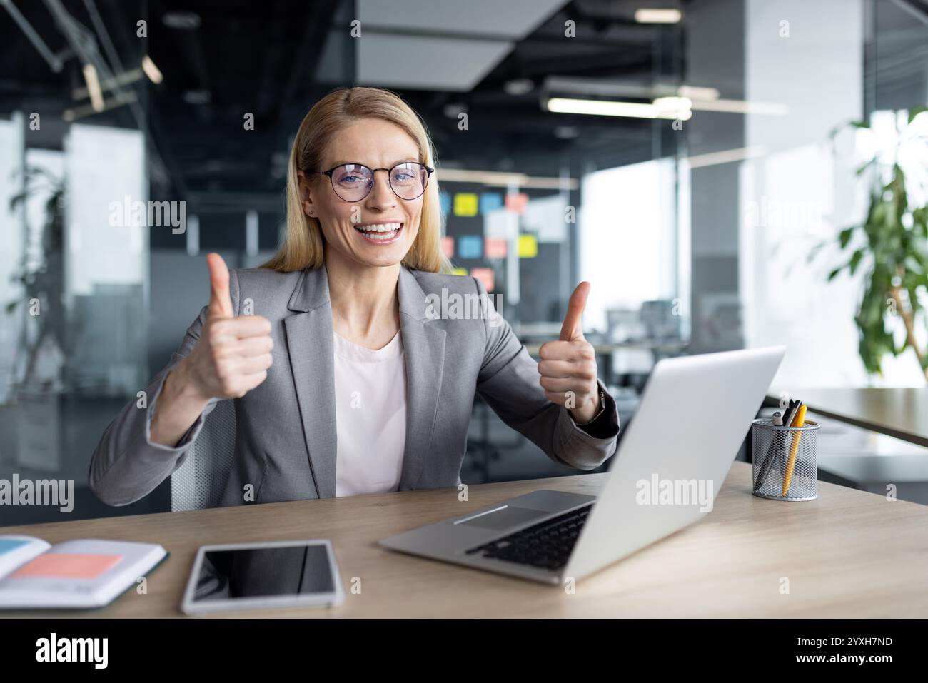 Mature businesswoman with glasses working at her laptop in a modern ...