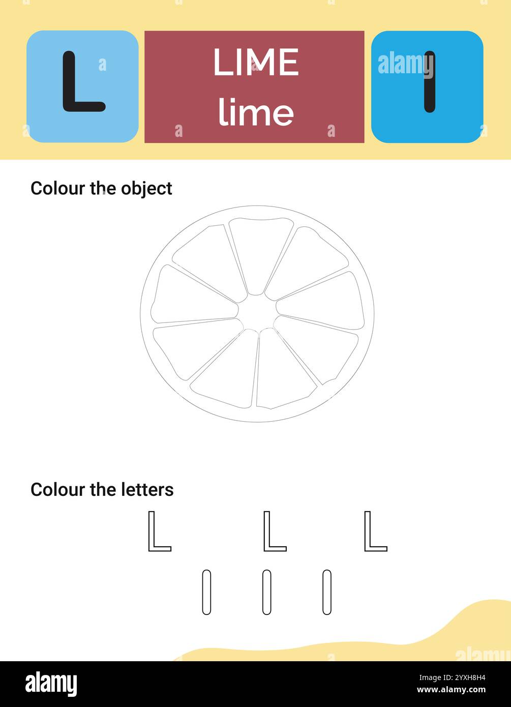 Word learning and letter coloring activity for toddlers stock vector