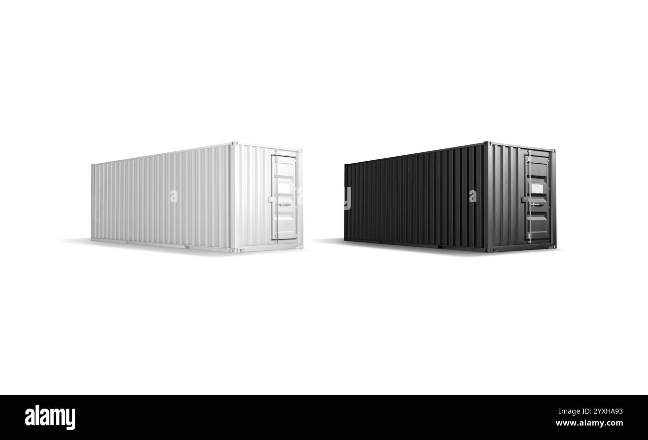 Blank black and white steel cargo container mockup, half-turned view ...
