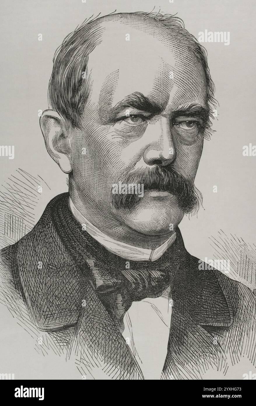 Otto von Bismarck (1815-1898). German statesman and politician. Artificer of the German unification in 1871. Portrait. Engraving. "Historia de la Guerra de Francia y Prusia" (History of the War between France and Prussia). Volume I. Published in Barcelona, 1870. Stock Photo