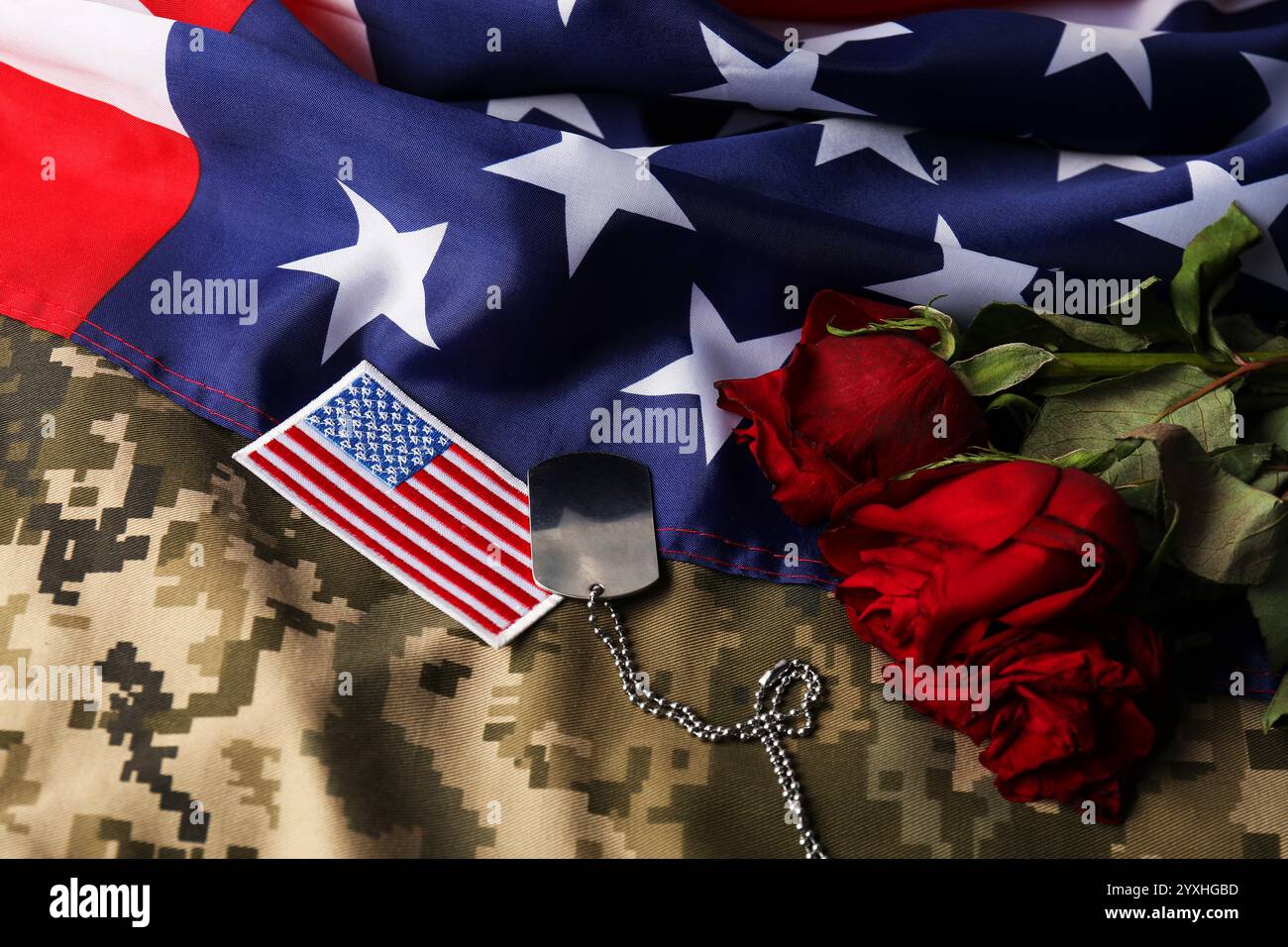 Veterans day. USA army patch, token, American flag, roses and military ...