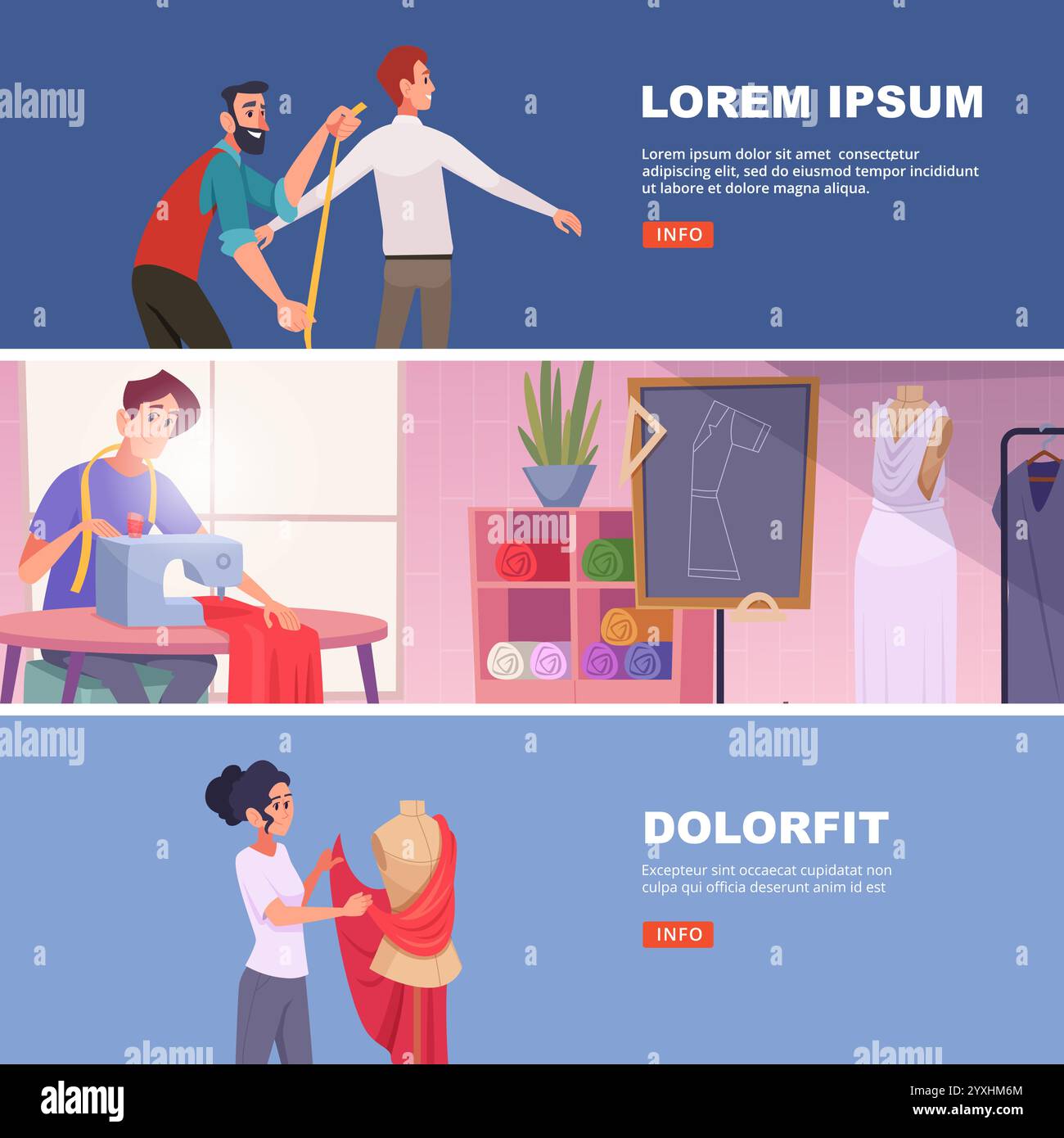 tailors. sewing characters making fashioned clothes. vector horizontal banners Stock Vector