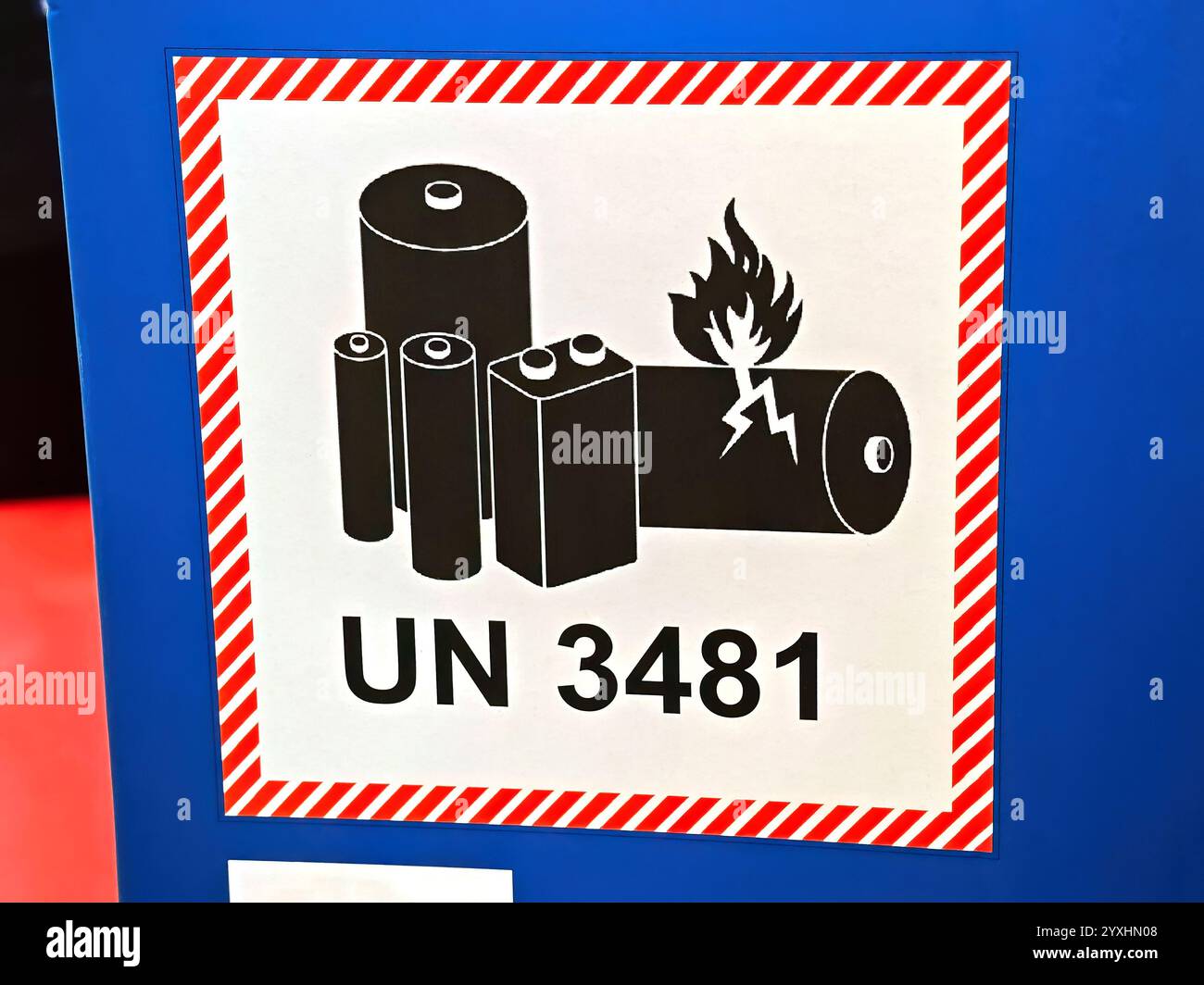 UN 3481 battery warning label sign on recycling box package, lithium ...