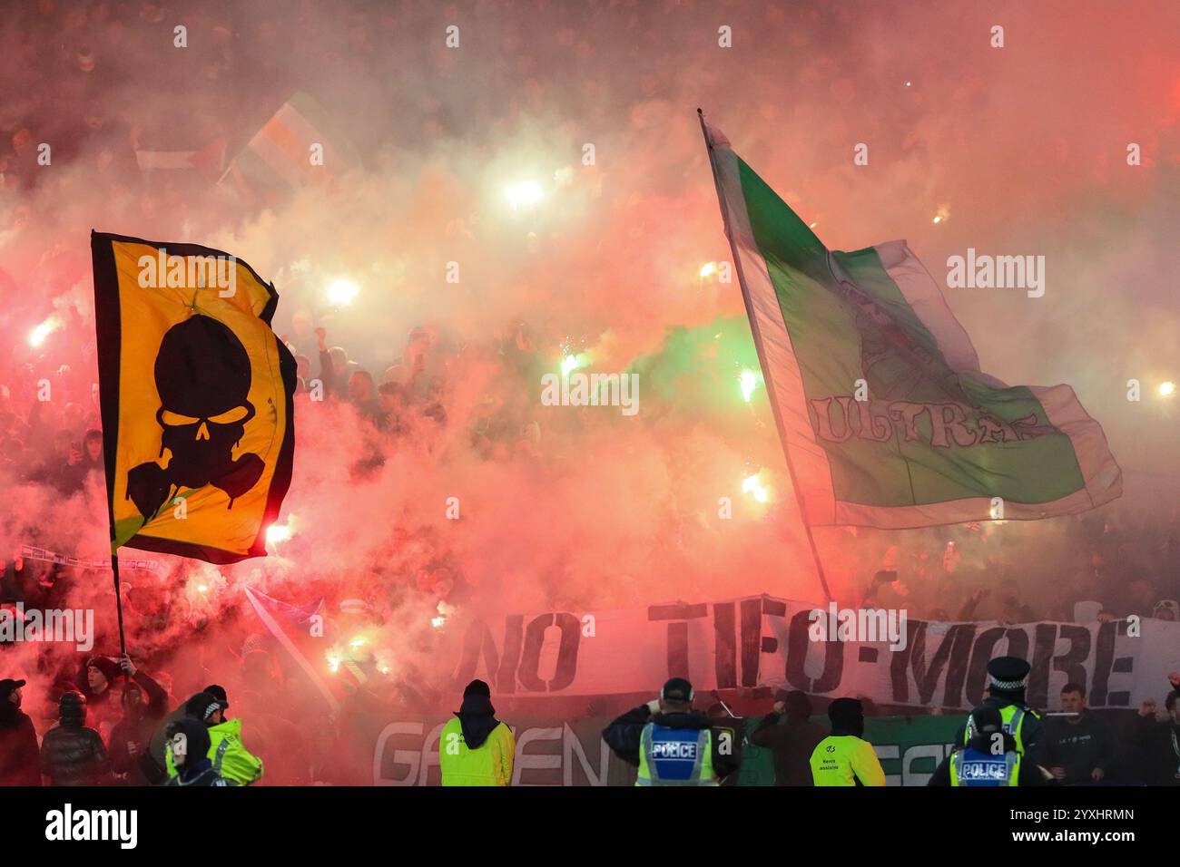 The Green Brigade, also known as Celtic Ultras, supporters of Celtic Football Club who play in the Scottish Premier Football division, Stock Photo