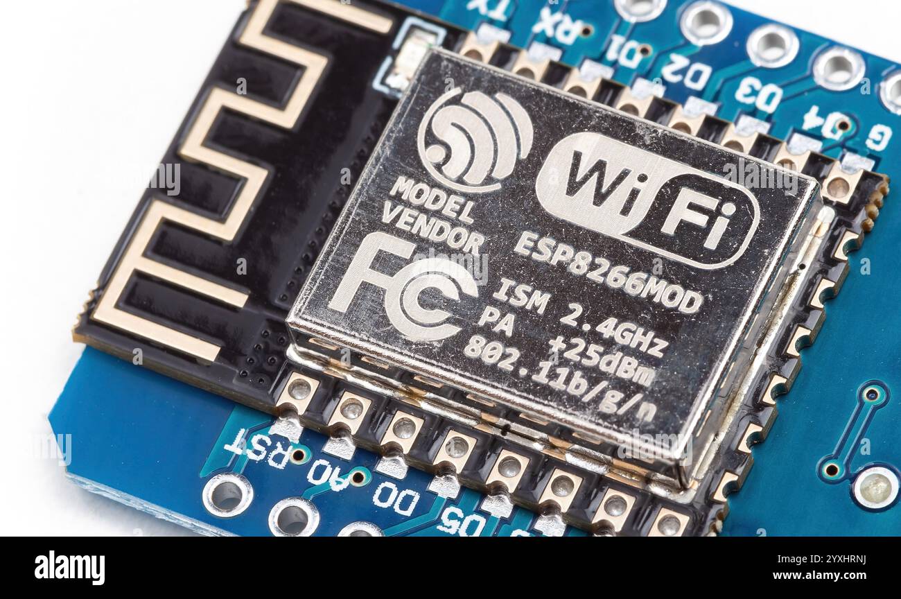 Close-up of Wi-Fi module Espressif Esp8266 controller, logo, electronic ...