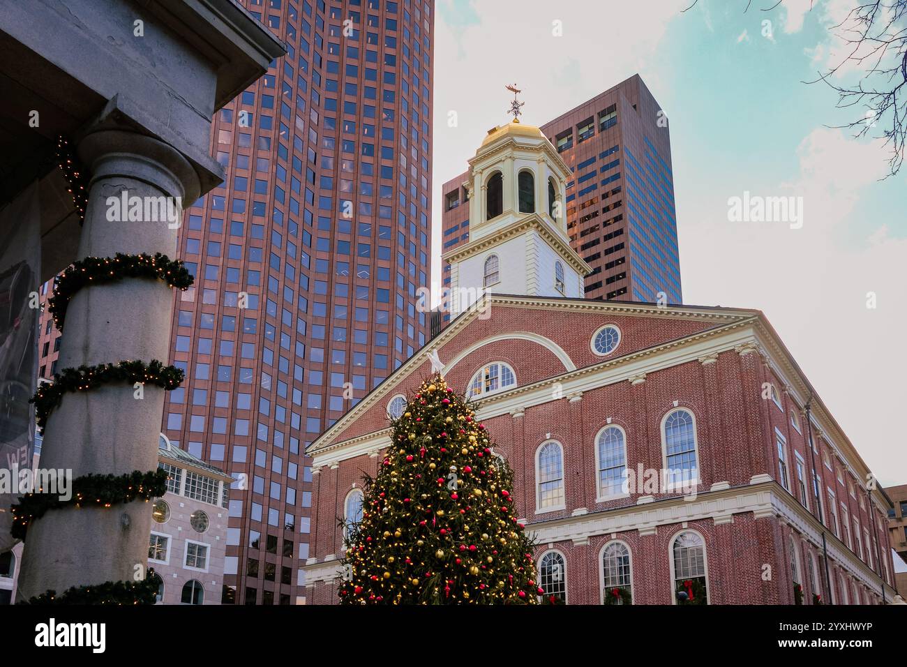 Christmas Tree at Quincy Hall-Faneuil Hall Marketplace in Boston, Massachusetts, US. Stock Photo