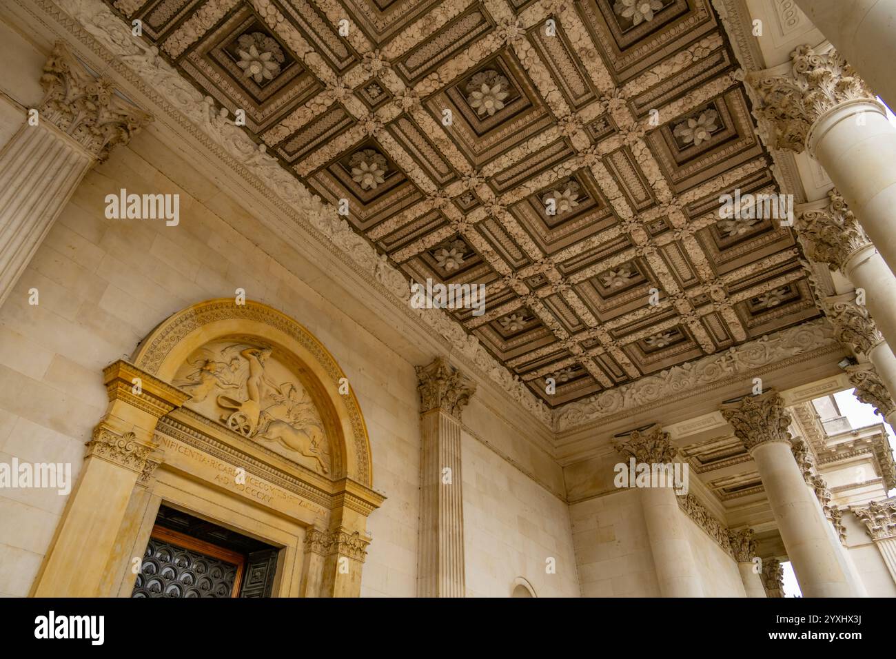 Looking up at the ceiling of the entrance portico of The Fitzwilliam Museum Cambridge Stock Photo