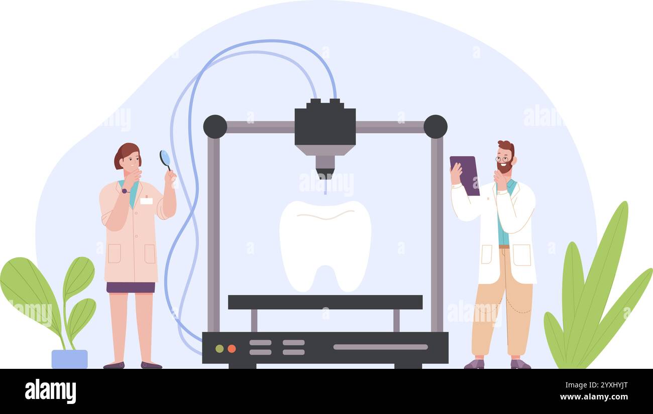 Tooth 3d printing. Dentistry scientist engineer print teeth model prototype computer engineering machine orthodontic lab, future innovation technology medicine vector illustration original artwork Stock Vector