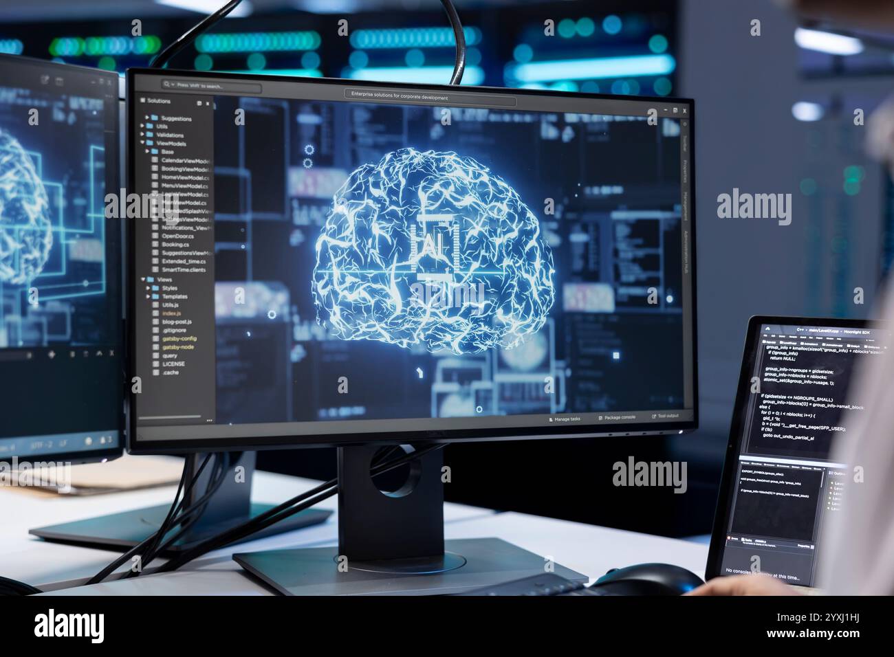 Software developer working in data center with artificial intelligence ...