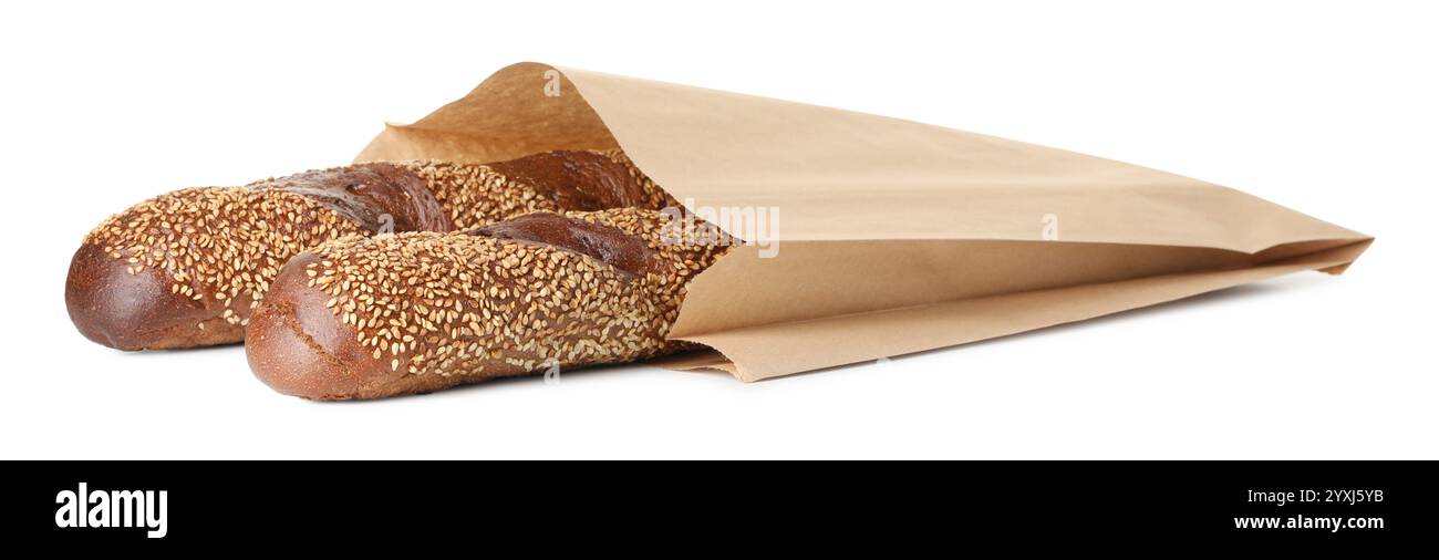 Fresh baguettes with sesame in paper bag isolated on white Stock Photo ...