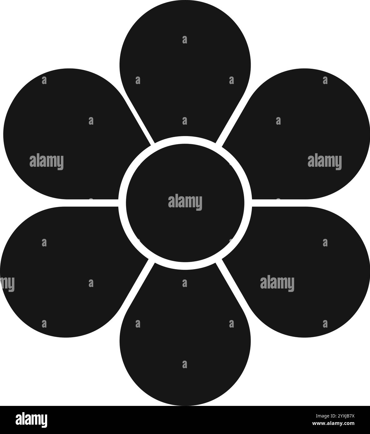 Flower silhouette. Floral diagram with 6 petals. Pie chart divided on six equal segments in leaf shapes isolated on white background. Layout for data presentation. Vector graphic illustration. Stock Vector
