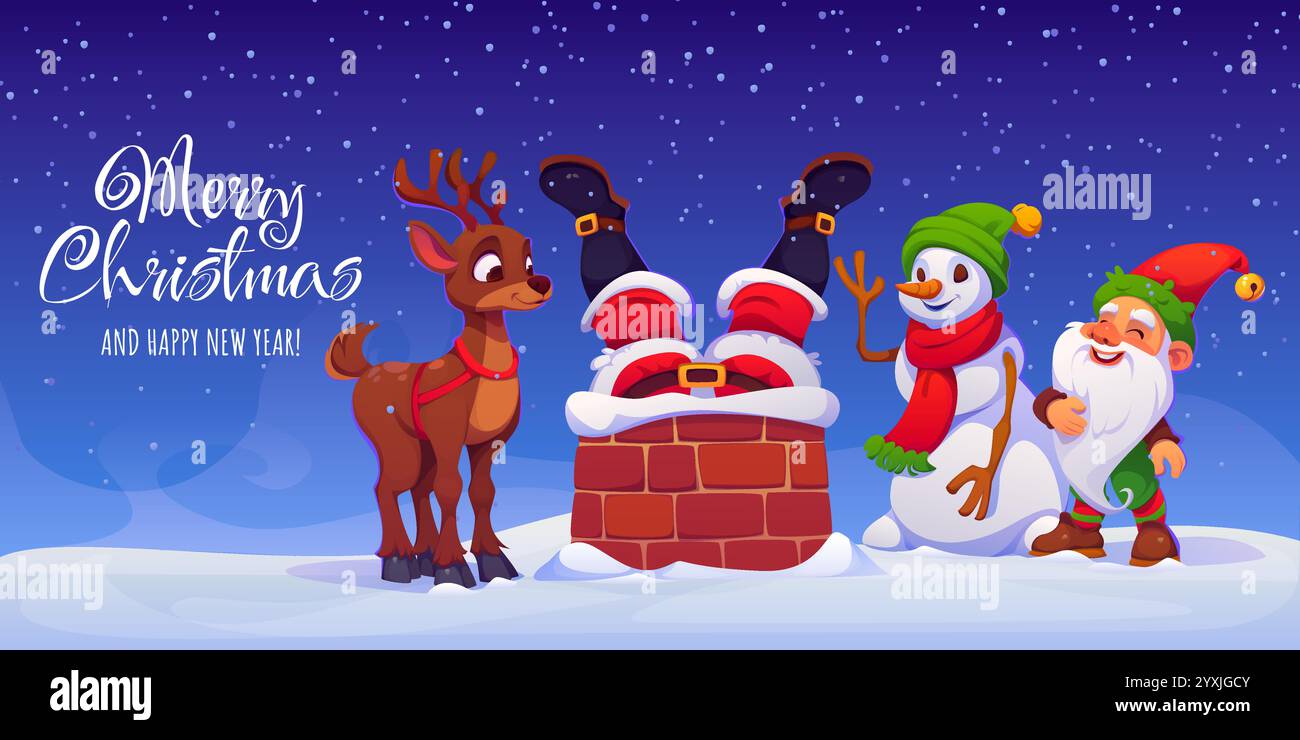 Santa Claus stuck in a Christmas chimney, surrounded by a cheerful ...