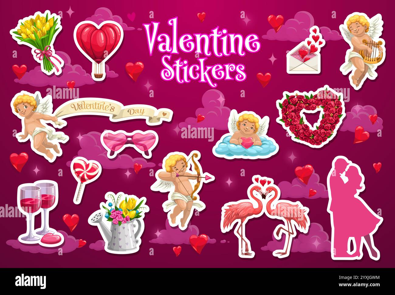 Valentine Day stickers featuring cupids, hearts, flowers and romantic ...