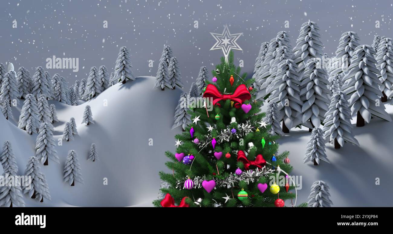 Image of snow falling over christmas tree and winter landscape ...