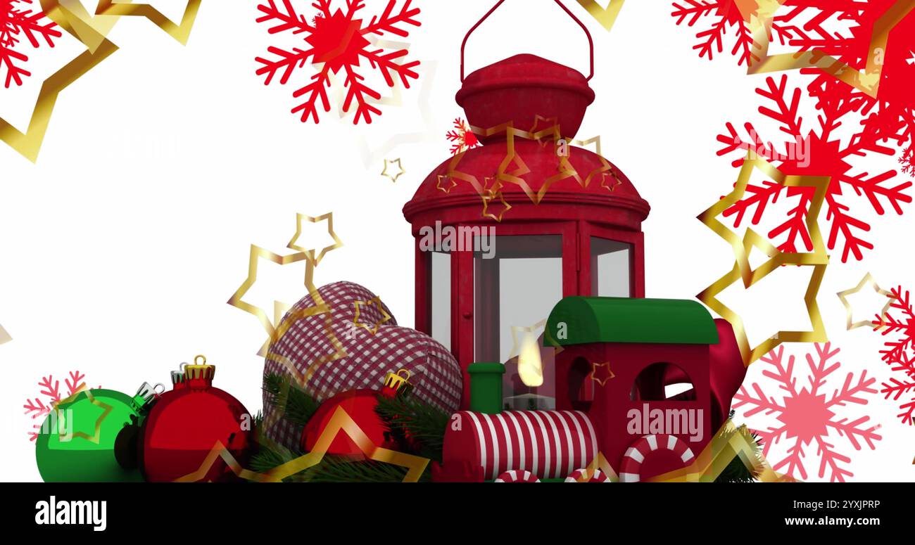 Image of falling red snowflakes and christmas lantern over white background. Christmas, tradition and celebration concept digital generated image. Stock Photo