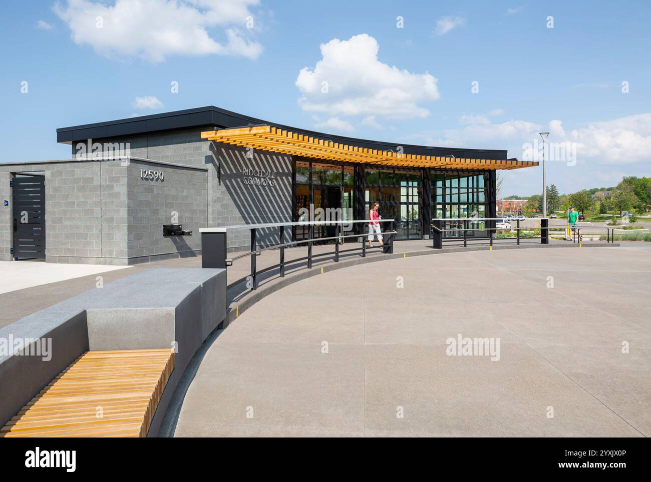 Park building at new public urban park with wood slat pergola sunshade ...
