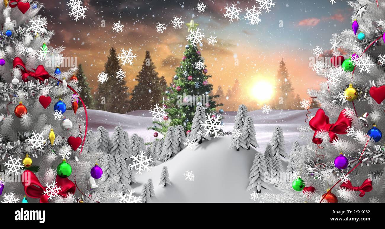 Image of snow falling over christmas tree and winter landscape ...