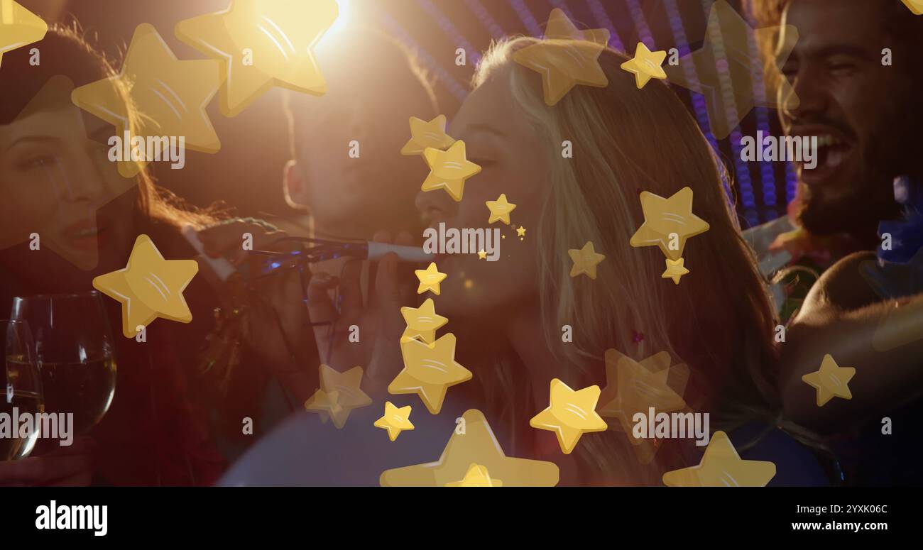 Image of gold stars over friends partying. christmas and new year's eve