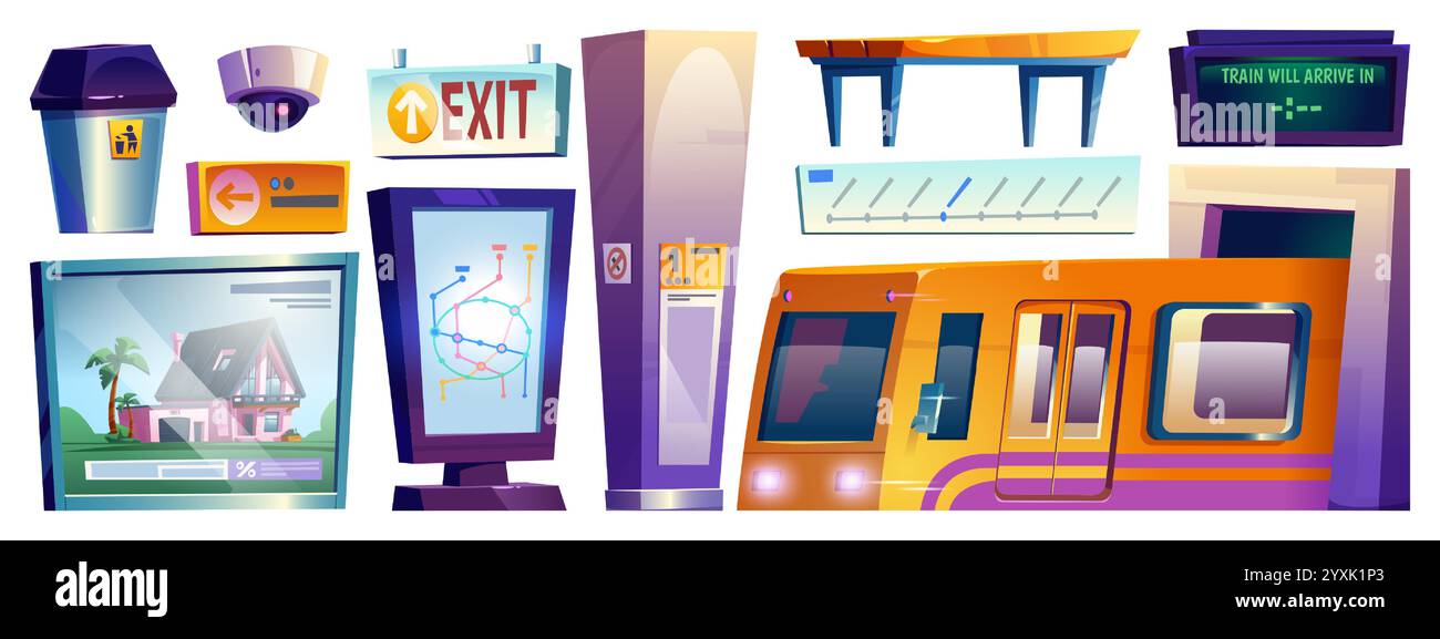 Subway station elements set - yellow train carriage, digital screens with route map and property advertisement, surveillance camera, direction signs, wooden bench and trash bin, arrival time display. Stock Vector