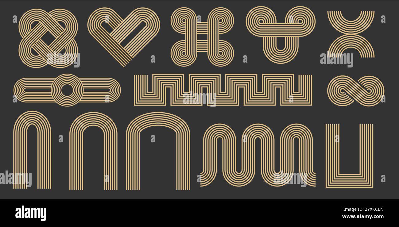 Zen arch, gold geometric lines, knots abstract contemporary shapes. Set ...