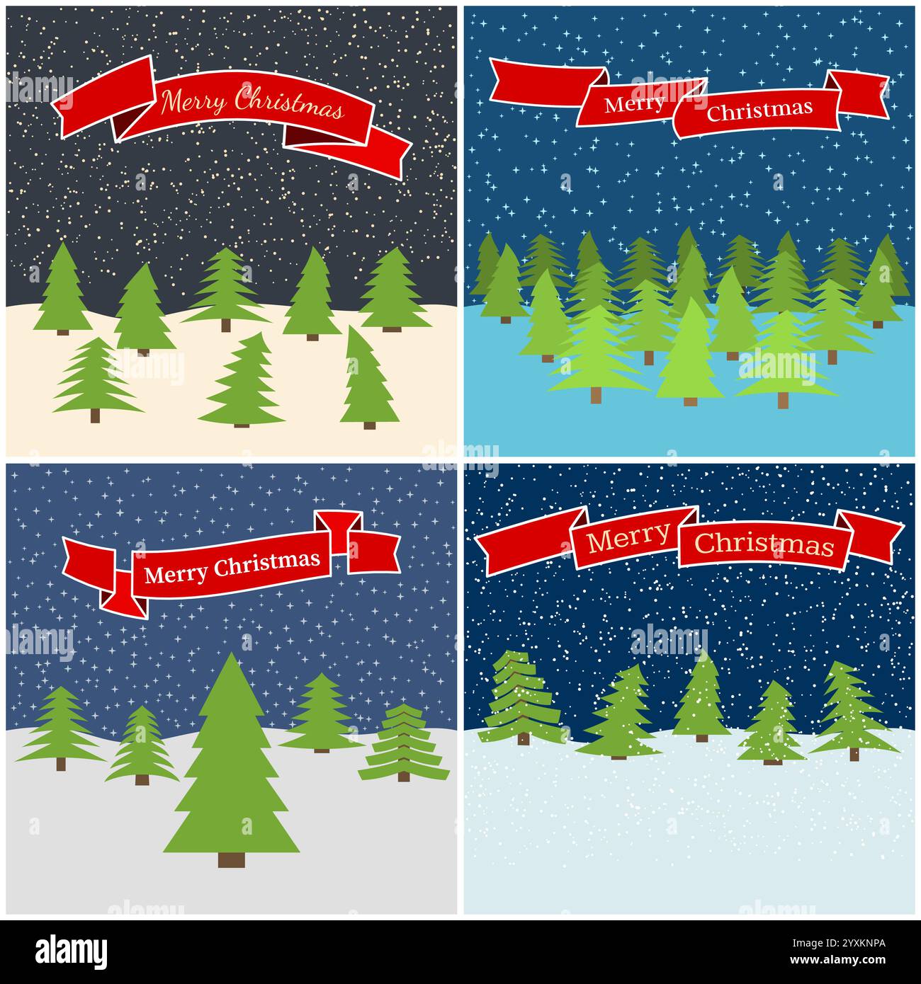 Christmas Inscriptions Set of four vector illustration with night forest with red ribbons with ...