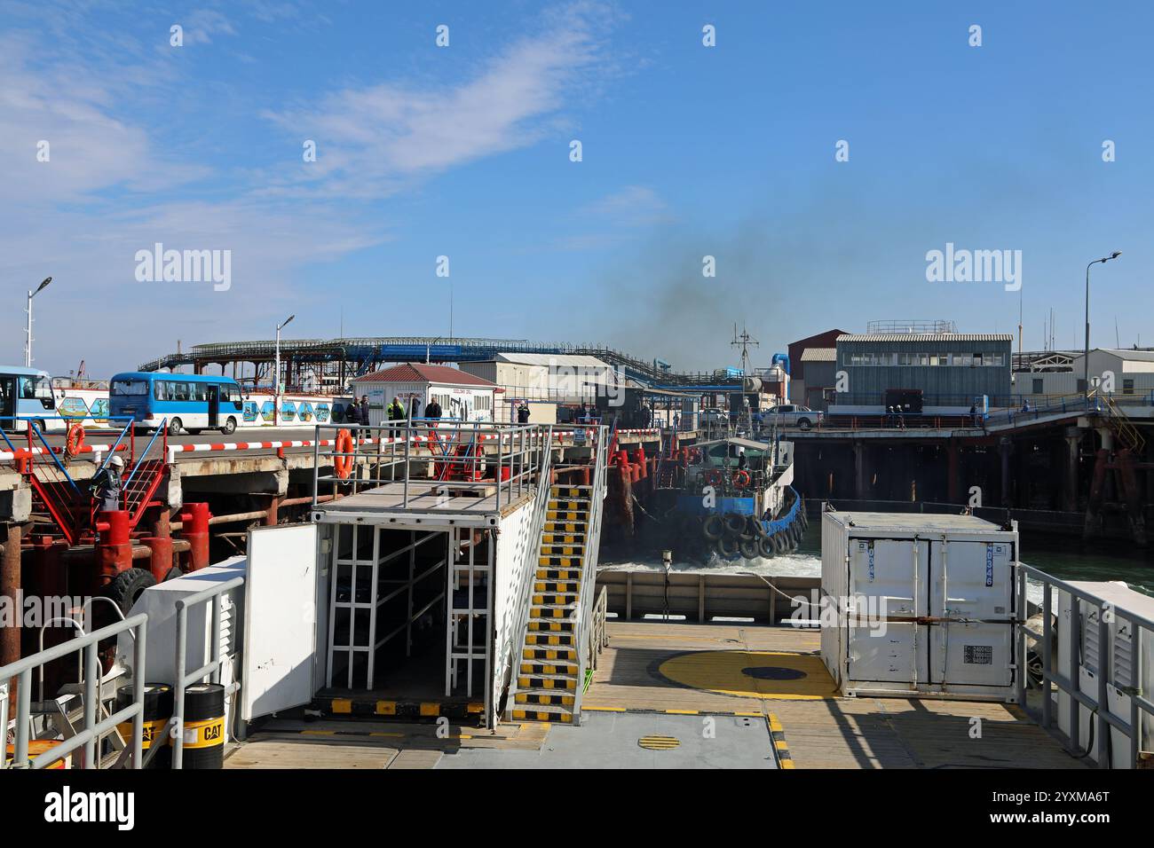 Ferry docked at the artificial island of Neft Daslari in the Caspian Sea Stock Photo