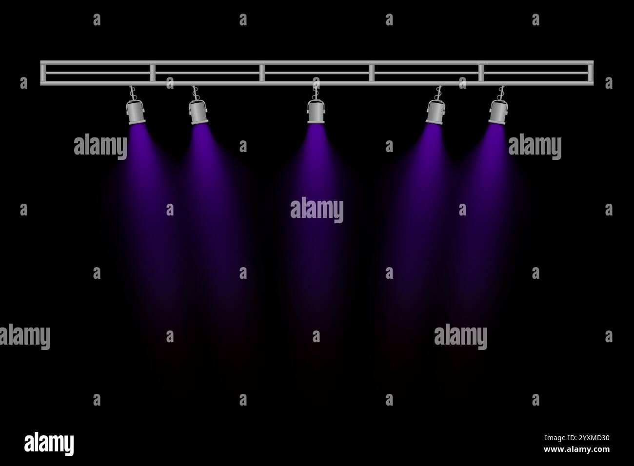 Stage lighting set. Five purple spotlights, hanging lamps, metal frame ...