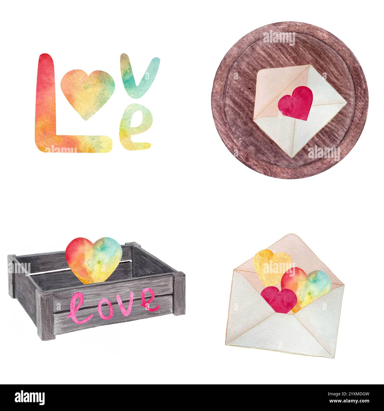 A wooden cart, handwritten word love and colorful hearts in an envelope, tray watercolor set seamless pattern isolated on white. Hand painted art Stock Photo