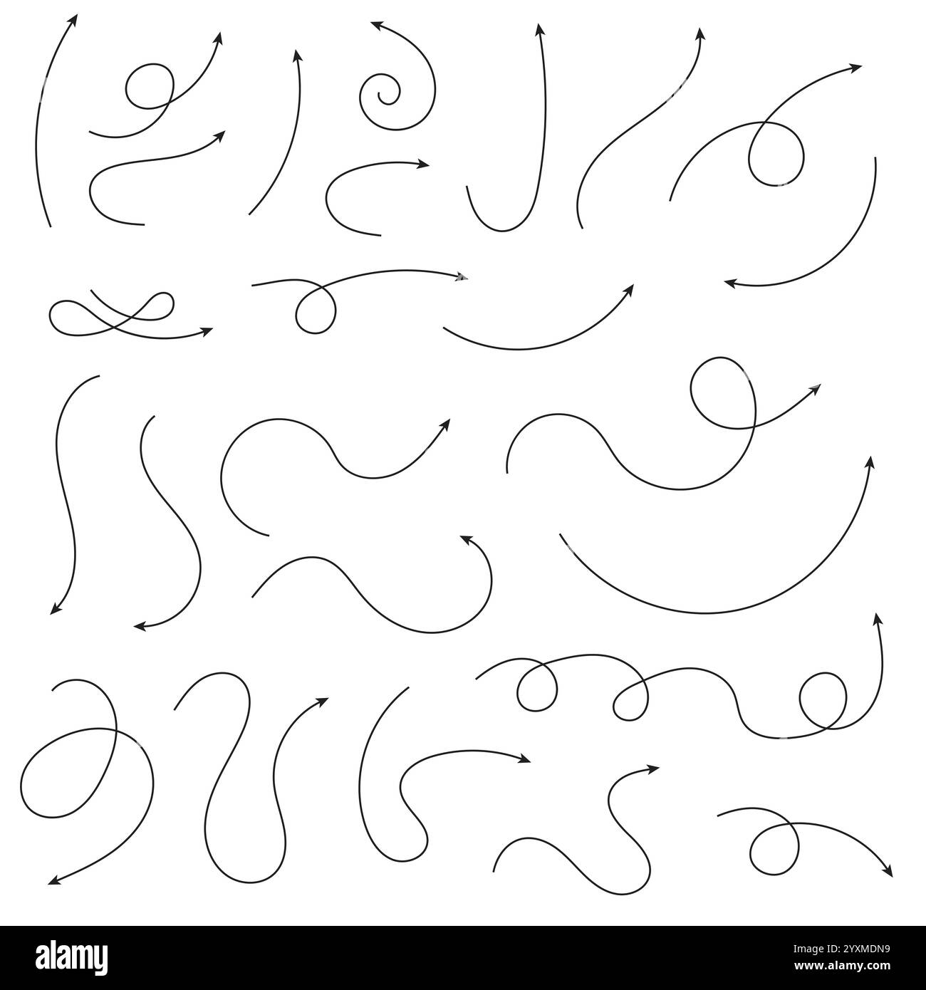 Collection of line arrows. Set simple curved hand drawn arrows ...