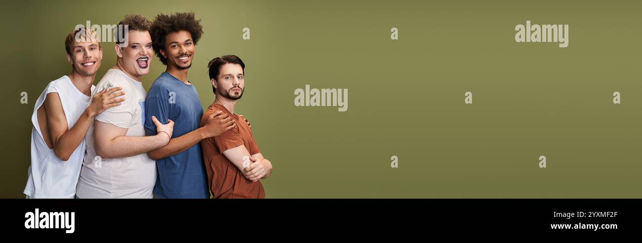 Four diverse individuals express joy and unity while celebrating their identities together. Stock Photo