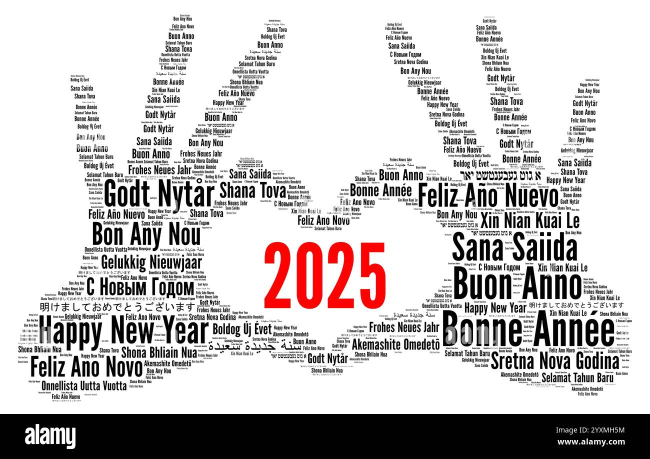 Happy New Year 2025 word cloud in different languages Stock Photo Alamy