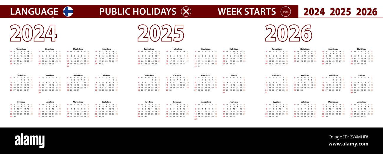 2024, 2025, 2026 year vector calendar in Finnish language, week starts