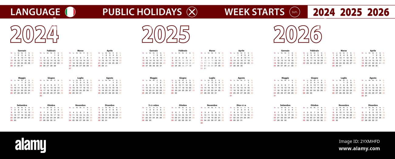 2024, 2025, 2026 year vector calendar in Italian language, week starts
