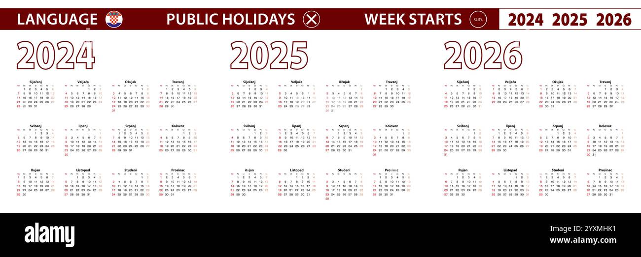 2024, 2025, 2026 year vector calendar in Croatian language, week starts 2024, 2025, 2026 year vector calendar in Croatian language, week starts