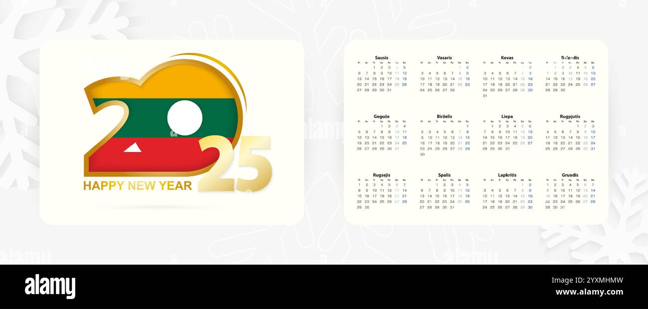 Horizontal Pocket Calendar 2025 in Lithuanian language. New Year 2025