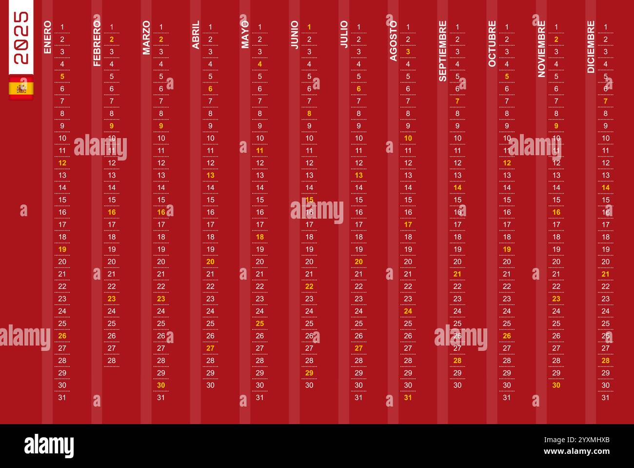 One-row vertical calendar for the year 2025 in Spanish. Spanish ...